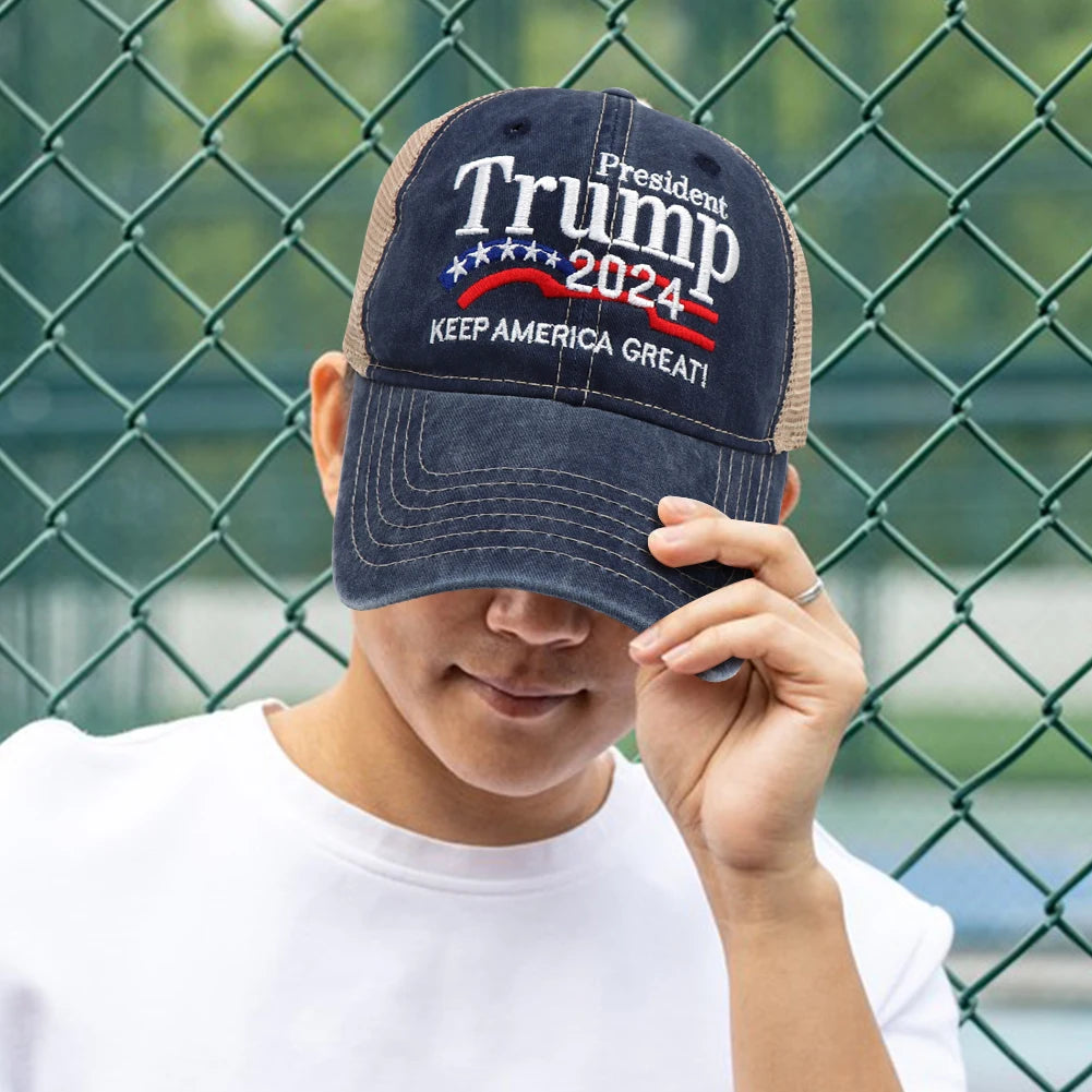 Trump Hat Embroidered Mesh Cap Retro Baseball Hat Adjustable Trump Baseball Cap 