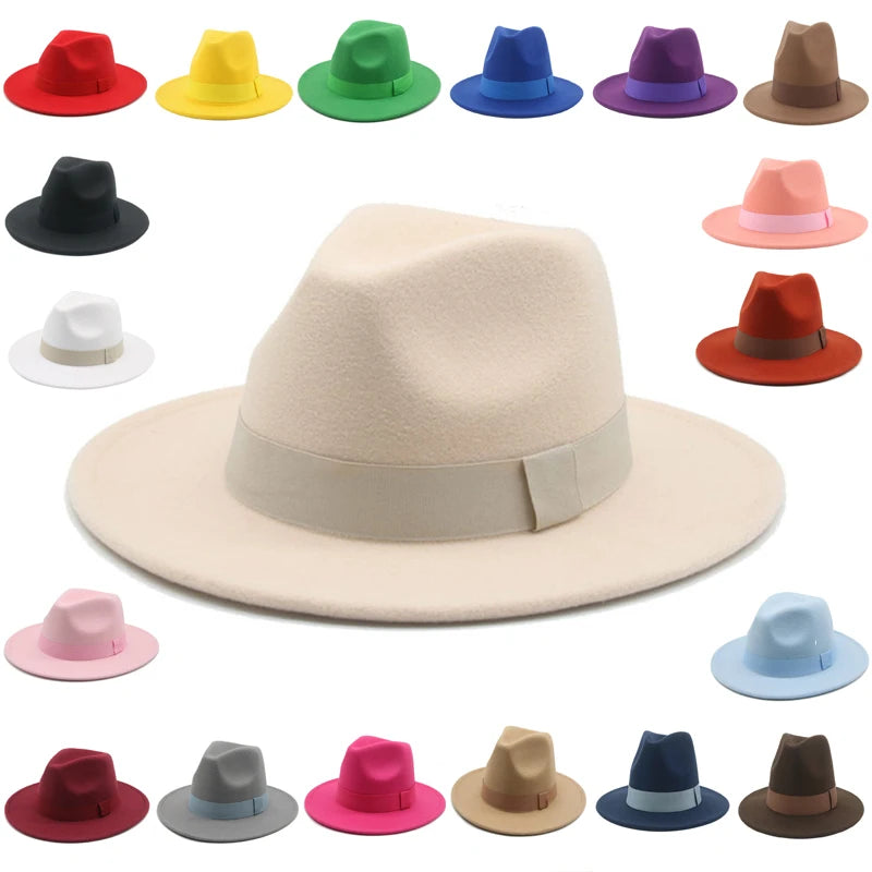 Formal Hat Fedora Classic Beige New Cap Gentlemen Woolen Jazz Wedding Church Bowler Felt Large Eaves Hat