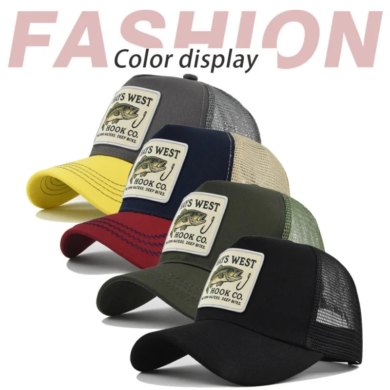 Fishing Cartoon Snapback Baseball Cap Hip Hop Dad Mesh Hat Trucker Hat Outdoor Sports Cycling Travel SunHat