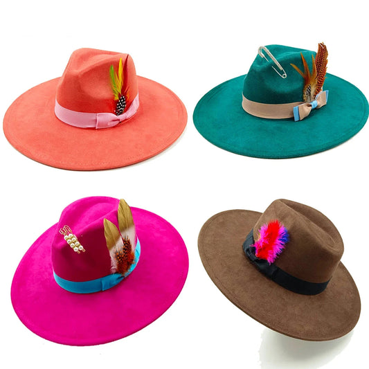 fedora hat heart top 9.5cm brim feather accessories wide brim jazz hat men and women panama hat  sombrero mujer gorras